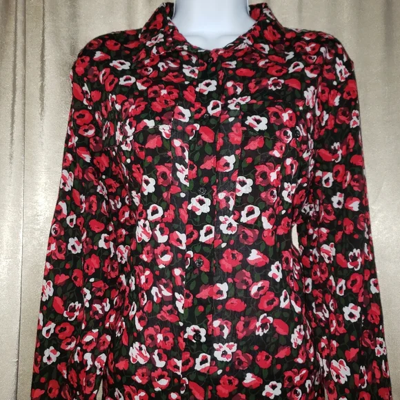 NWOT Ralph Lauren red pink & black floral button down blouse top Womens Large - Picture 2 of 6